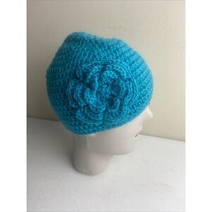 CROCHET Beanie Hat Teal Blue Handmade Flower Cap Cottagecore Youth O/S